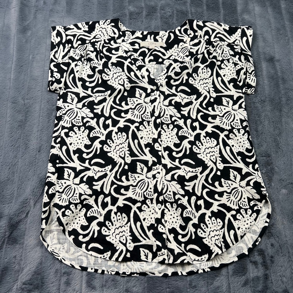 LOFT Womens Small Black White Floral Linen Blend Button Front Blouse CA57421